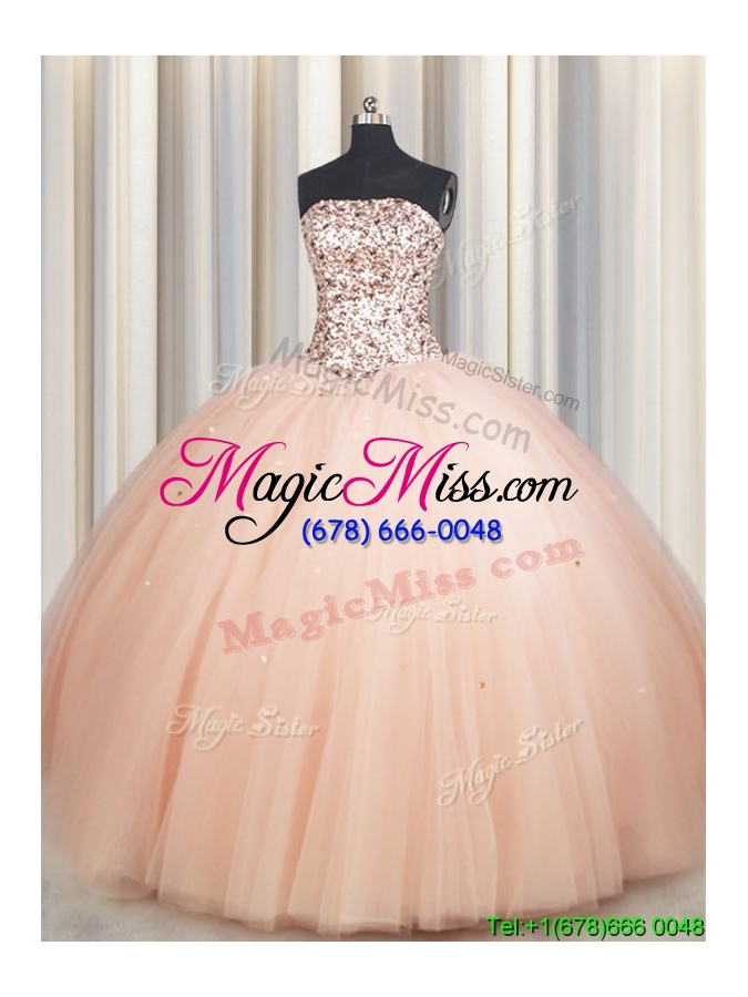 wholesale exquisite big puffy beaded bodice strapless peach quinceanera dress in tulle