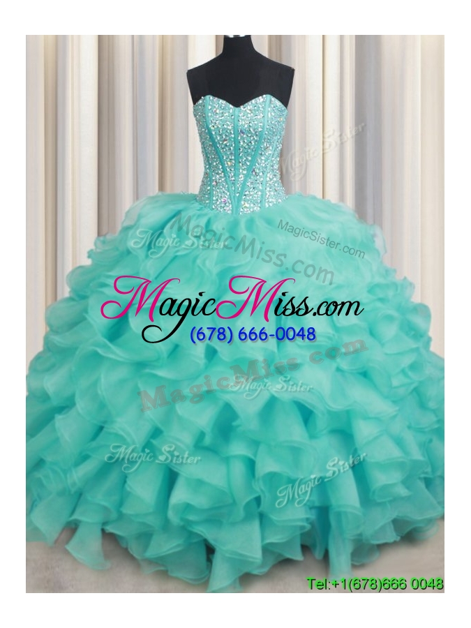 wholesale simple ruffled and beaded organza turquoise quinceanera dress with brush train