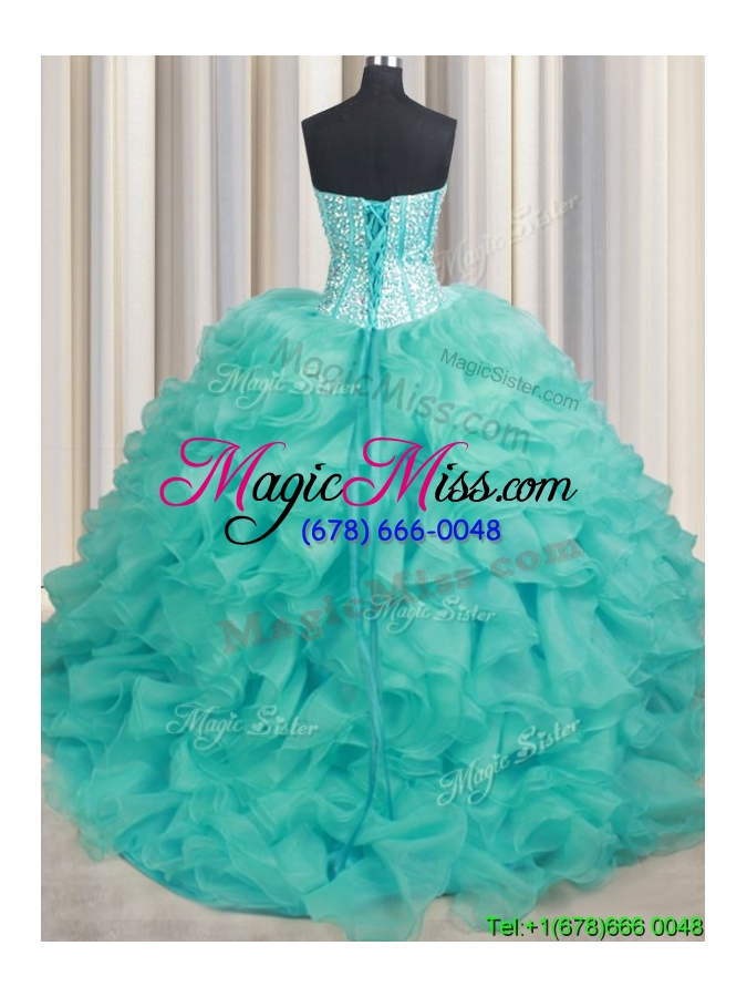 wholesale simple ruffled and beaded organza turquoise quinceanera dress with brush train