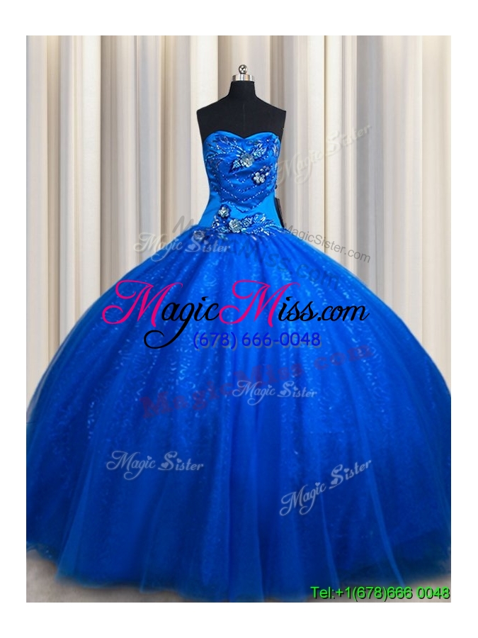 wholesale discount applique and beaded royal blue quinceanera dress in tulle and sequins