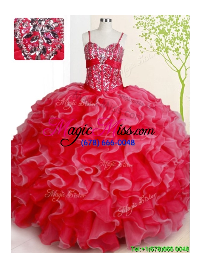 wholesale romantic spaghetti straps beaded bodice ruffled white and red quinceanera dress in organza