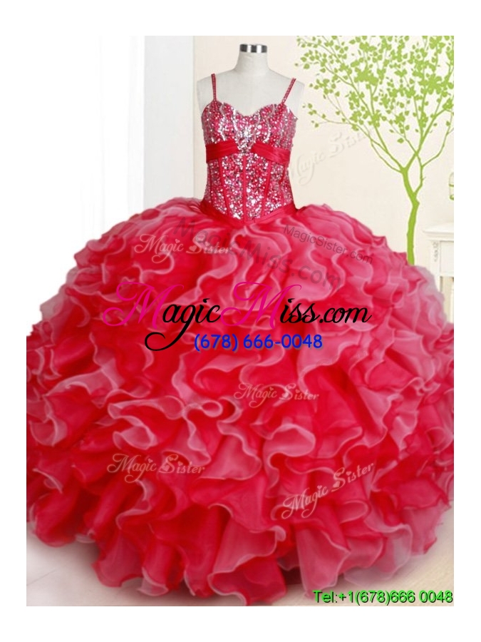 wholesale romantic spaghetti straps beaded bodice ruffled white and red quinceanera dress in organza