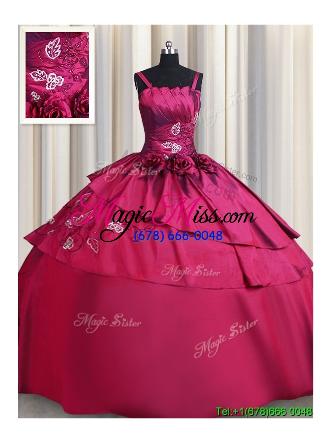 wholesale exquisite straps burgundy quinceanera dress with embroidery and handcrafted flowers