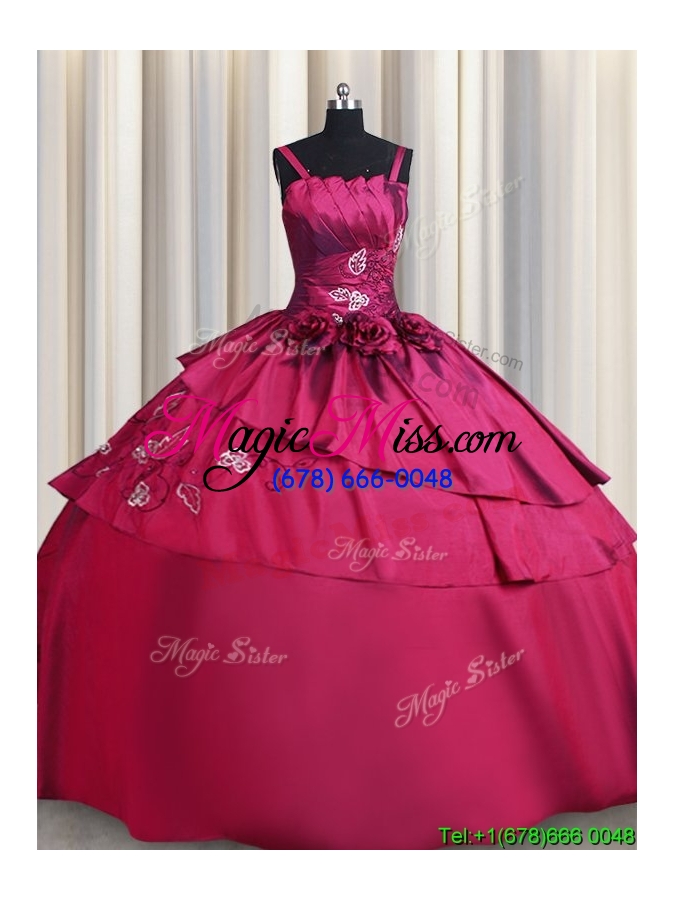 wholesale exquisite straps burgundy quinceanera dress with embroidery and handcrafted flowers