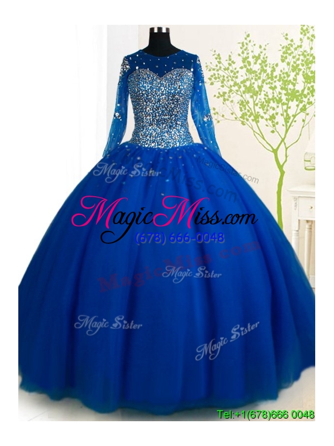 wholesale simple see through scoop brush train royal blue quinceanera dress with long sleeves