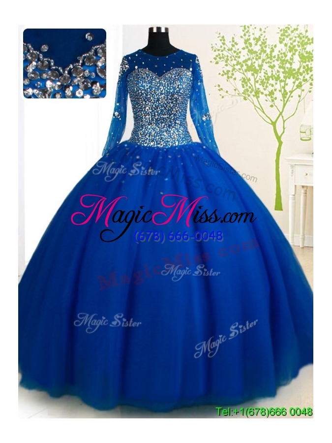 wholesale simple see through scoop brush train royal blue quinceanera dress with long sleeves