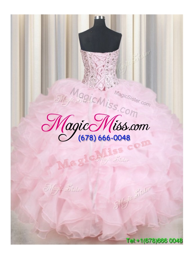wholesale modest visible boning beaded bodice baby pink quinceanera dress in organza