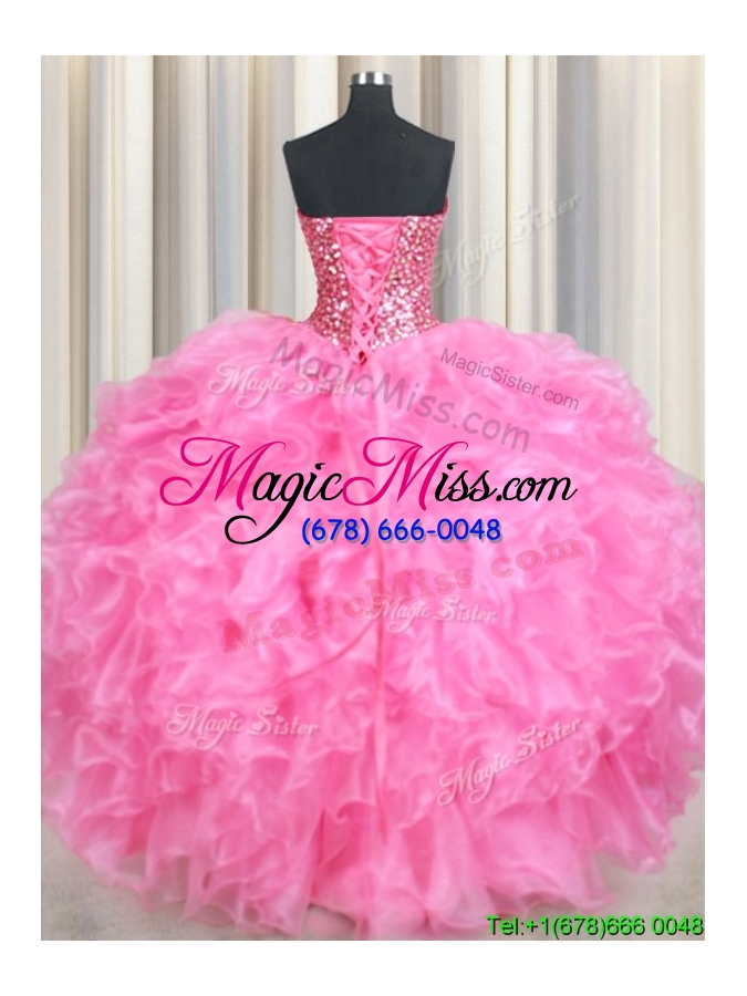 wholesale modern organza rose pink quinceanera dress with beaded bodice and ruffles