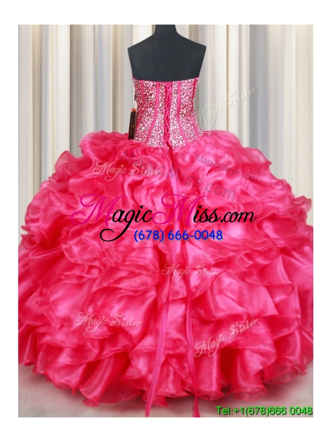 wholesale lovely visible boning beaded bodice and ruffled organza hot pink quinceanera dress