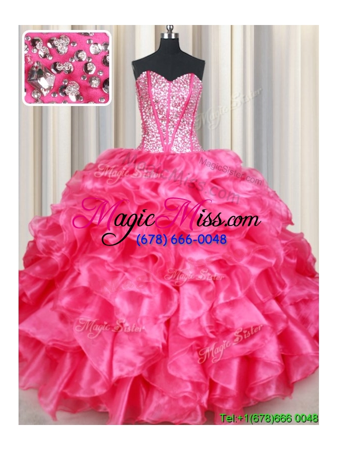wholesale lovely visible boning beaded bodice and ruffled organza hot pink quinceanera dress
