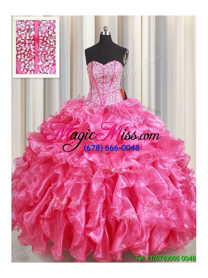 wholesale best selling visible boning beaded bodice and ruffled quinceanera dress in hot pink
