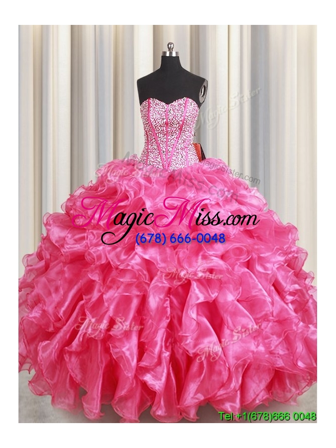 wholesale best selling visible boning beaded bodice and ruffled quinceanera dress in hot pink