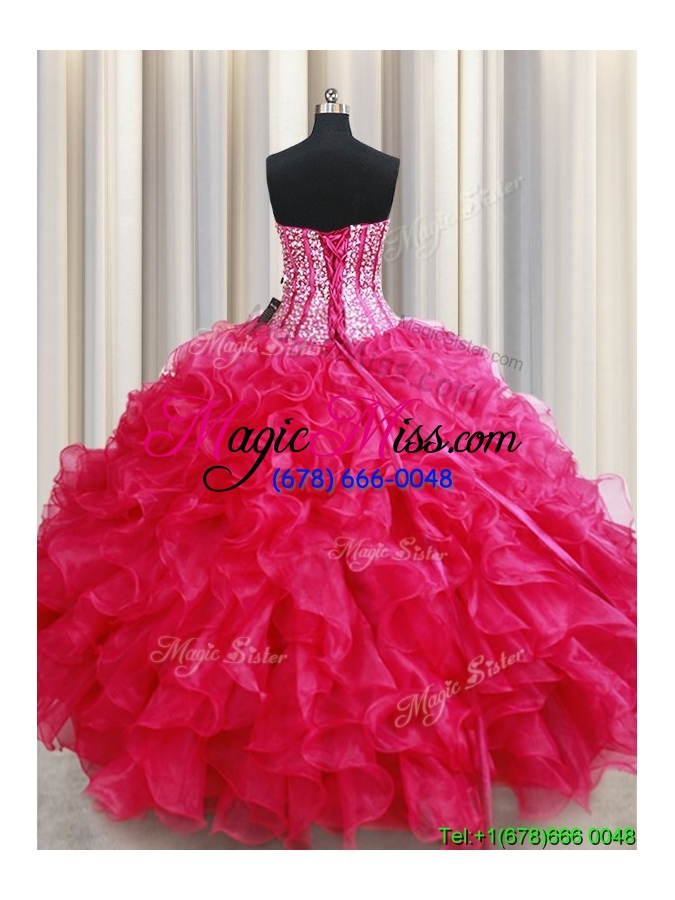 wholesale discount visible boning hot pink quinceanera dress with beaded bodice and ruffles