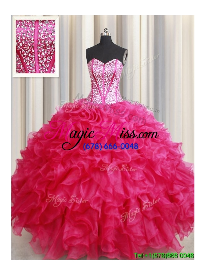 wholesale discount visible boning hot pink quinceanera dress with beaded bodice and ruffles