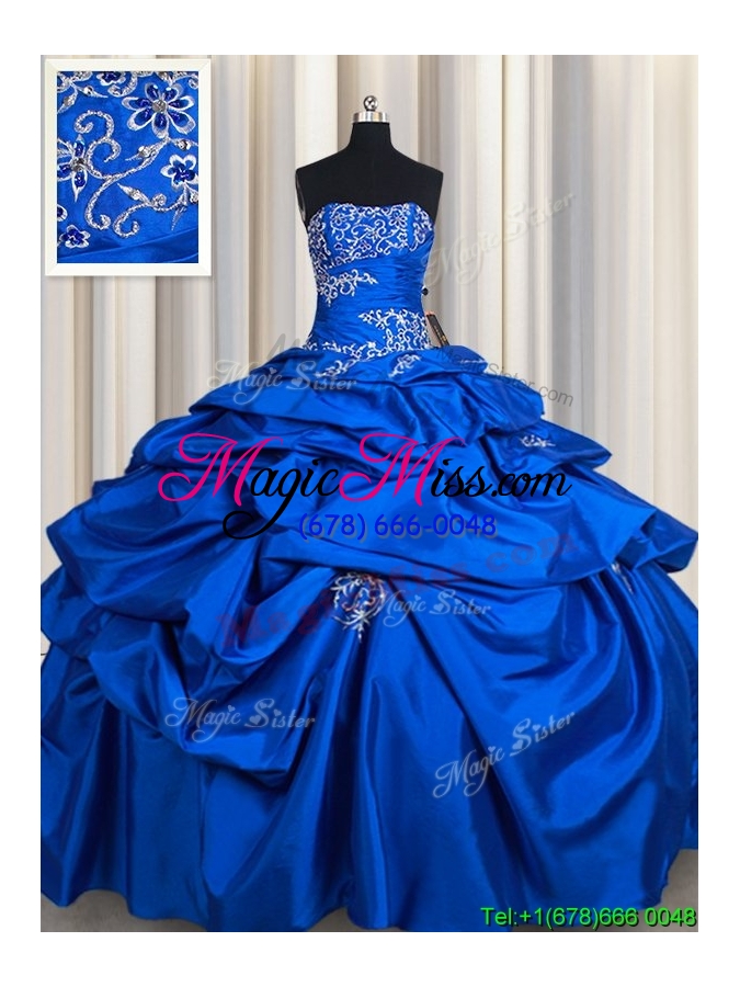 wholesale affordable strapless taffeta royal blue quinceanera dress with beading and pick ups