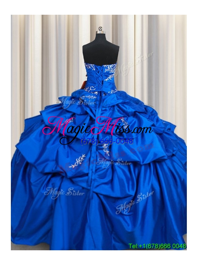 wholesale affordable strapless taffeta royal blue quinceanera dress with beading and pick ups