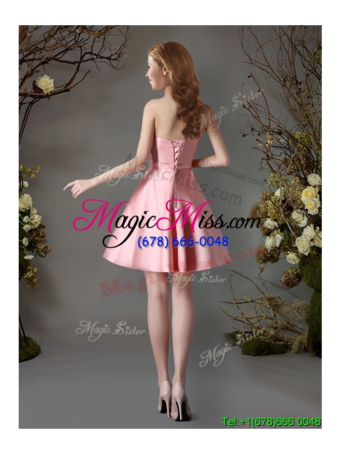 wholesale best selling applique and bowknot pink short bridesmaid dress in satin