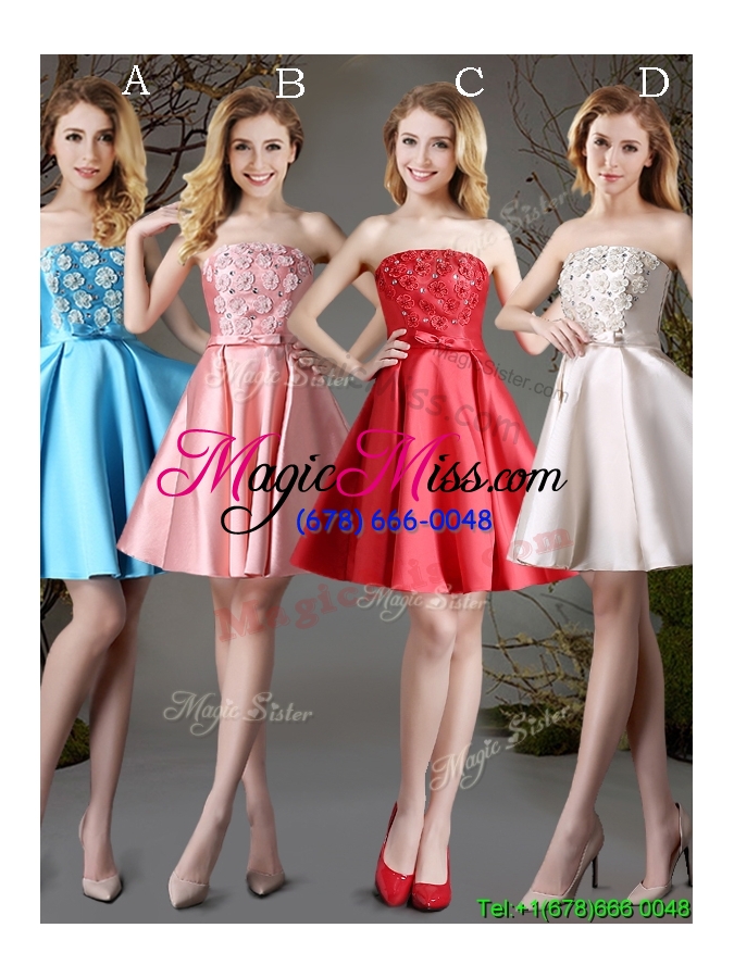 wholesale best selling applique and bowknot pink short bridesmaid dress in satin