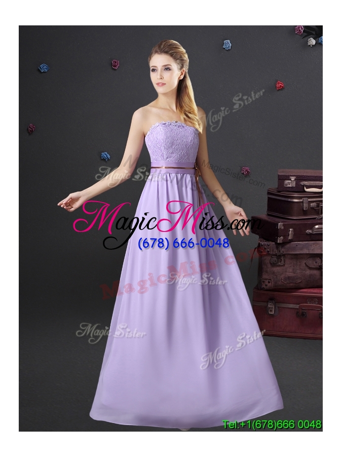 wholesale simple chiffon lavender long bridesmaid dress with lace and belt