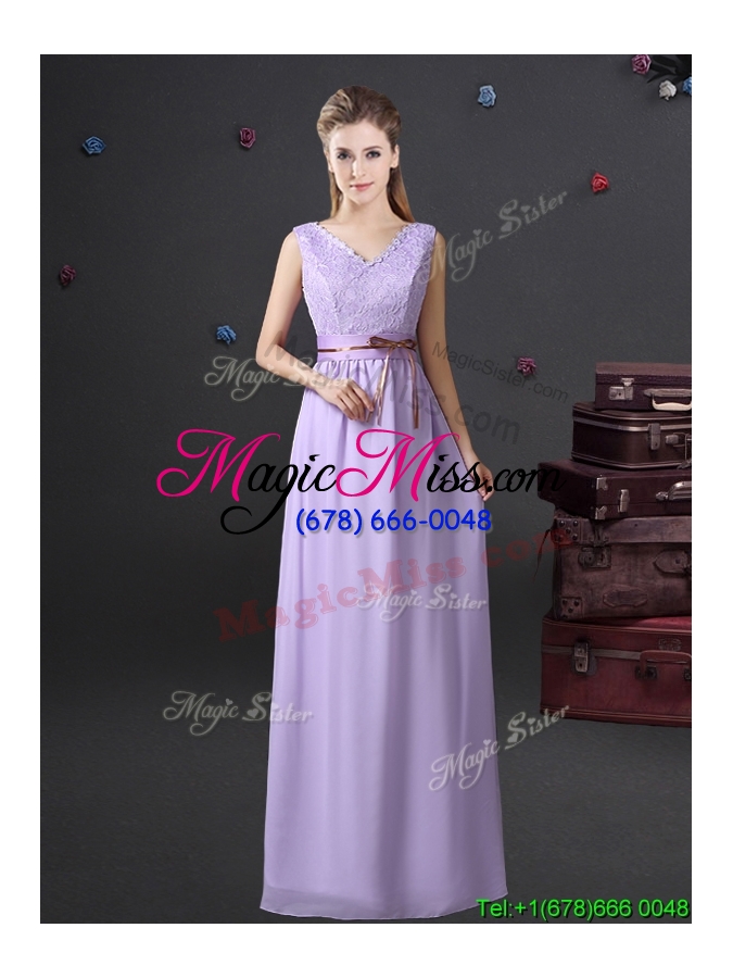 wholesale simple chiffon lavender long bridesmaid dress with lace and belt