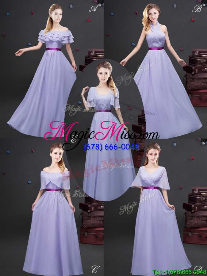wholesale classical halter top long bridesmaid dress with purple belt and ruching