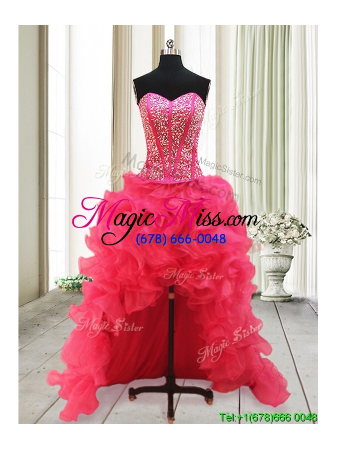 wholesale hot sale visible boning high low detachable prom dresses with beaded bodice and ruffles