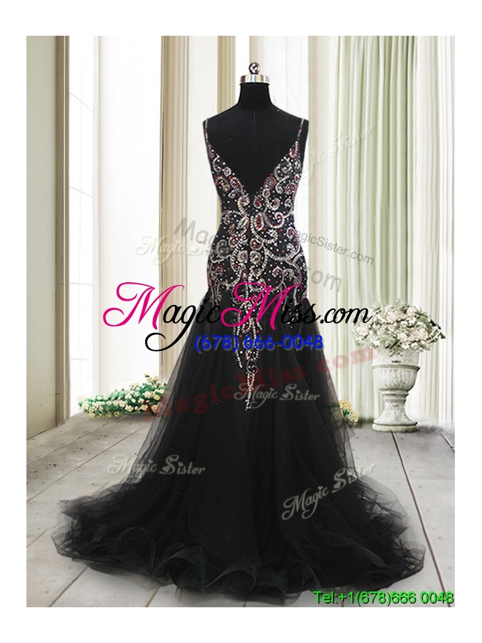 wholesale fashionable spaghetti straps beaded tulle black prom dress with brush train