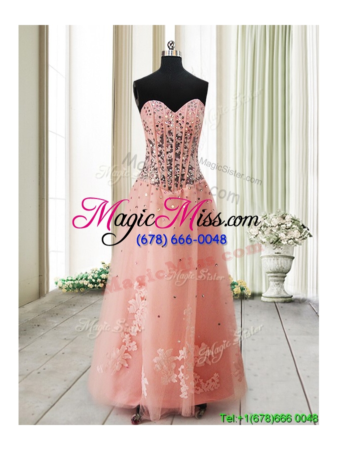 wholesale pretty visible boning see through applique and beaded long prom dress in tulle