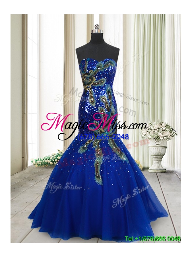 wholesale perfect mermaid brush train tulle prom dress with sequins and peacock appliques