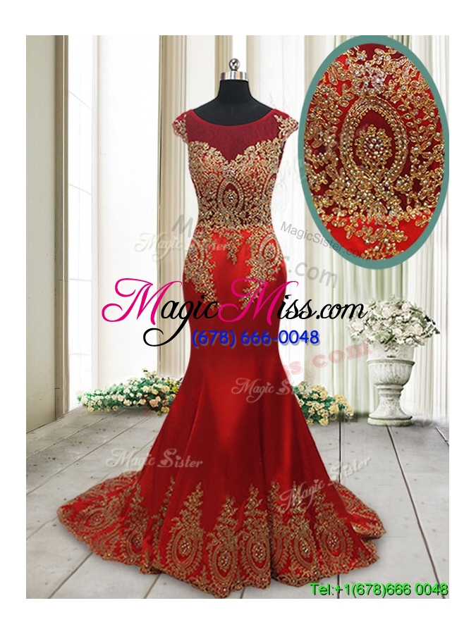 wholesale beautiful brush train mermaid cap sleeves prom dress with beading and appliques