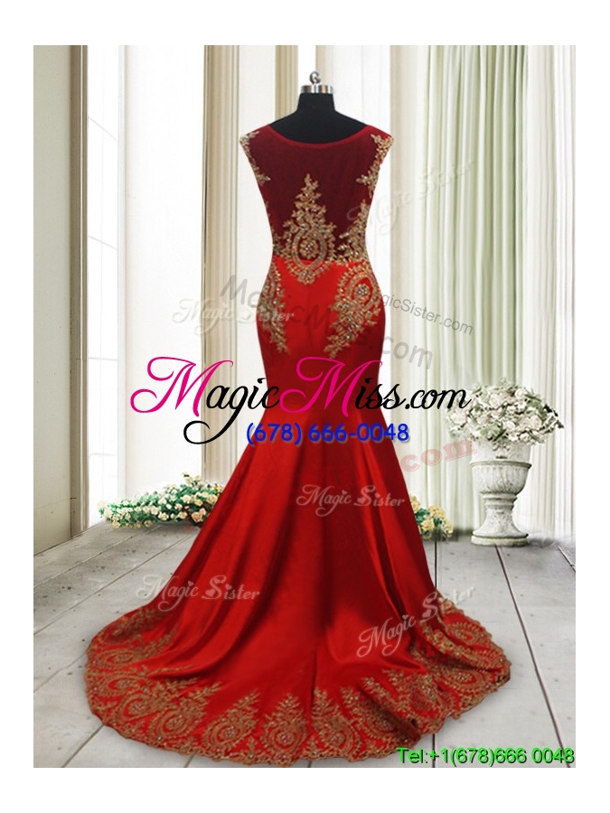 wholesale beautiful brush train mermaid cap sleeves prom dress with beading and appliques