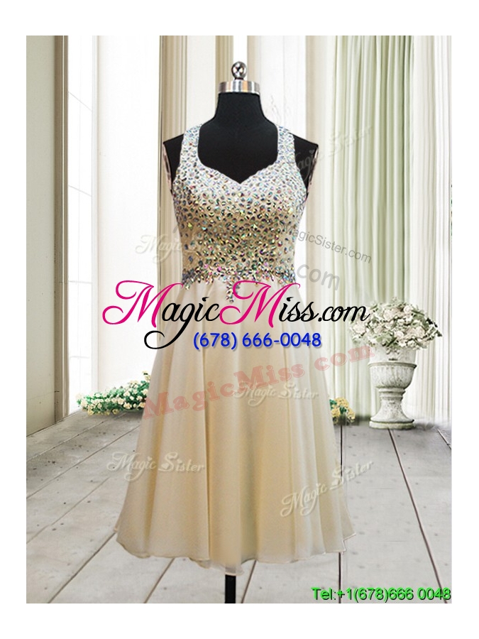 wholesale discount chiffon beaded bodice side zipper short prom dress in champagne