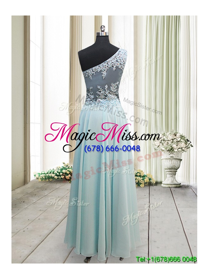 wholesale unique one shoulder chiffon light blue prom dress with appliques and beading