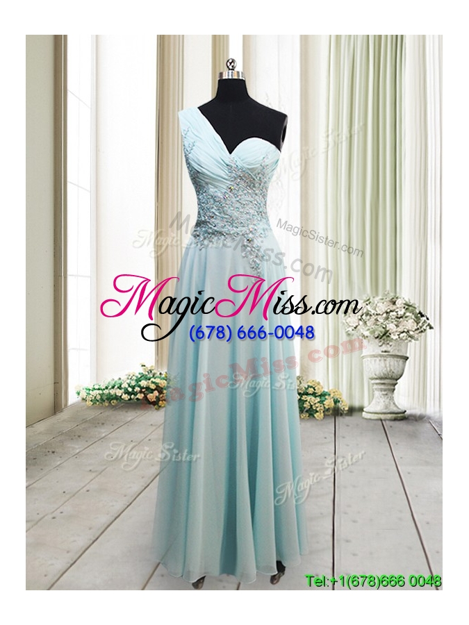 wholesale unique one shoulder chiffon light blue prom dress with appliques and beading