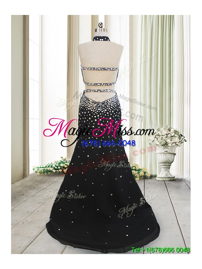wholesale luxurious two piece halter top backless black prom dress with brush train