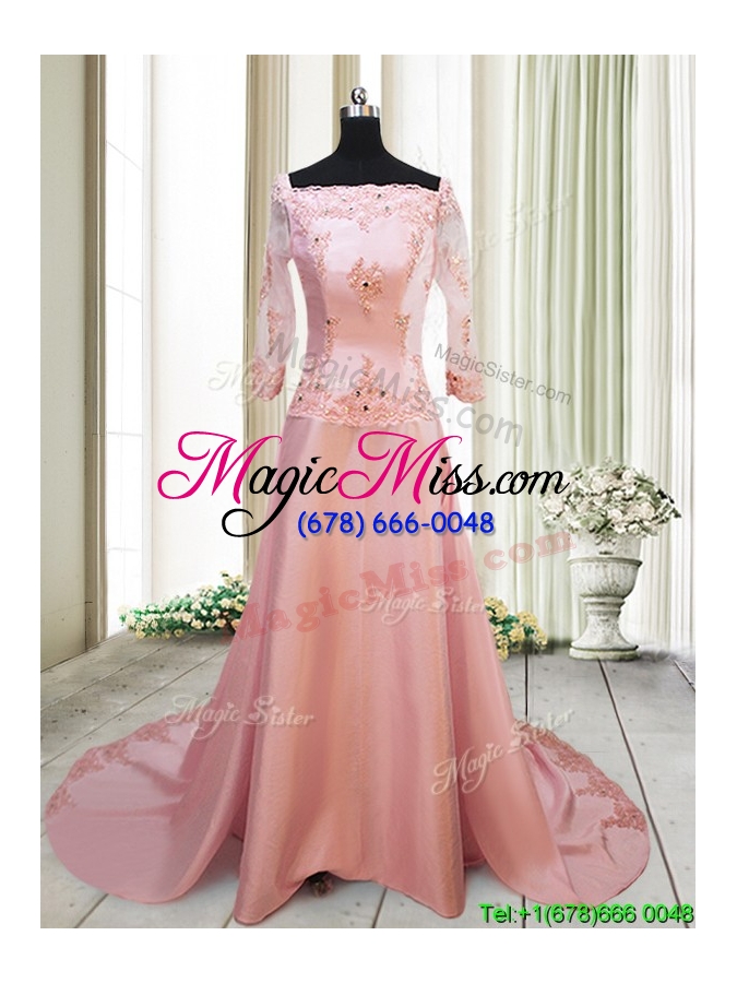 wholesale beautiful a line square brush train applique prom dress with long sleeves