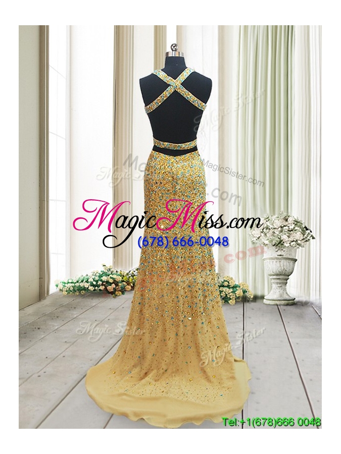 wholesale popular straps cut out waist backless prom dress with beading and high slit