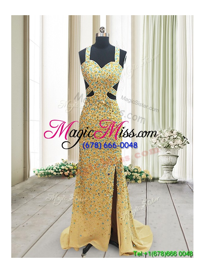 wholesale popular straps cut out waist backless prom dress with beading and high slit