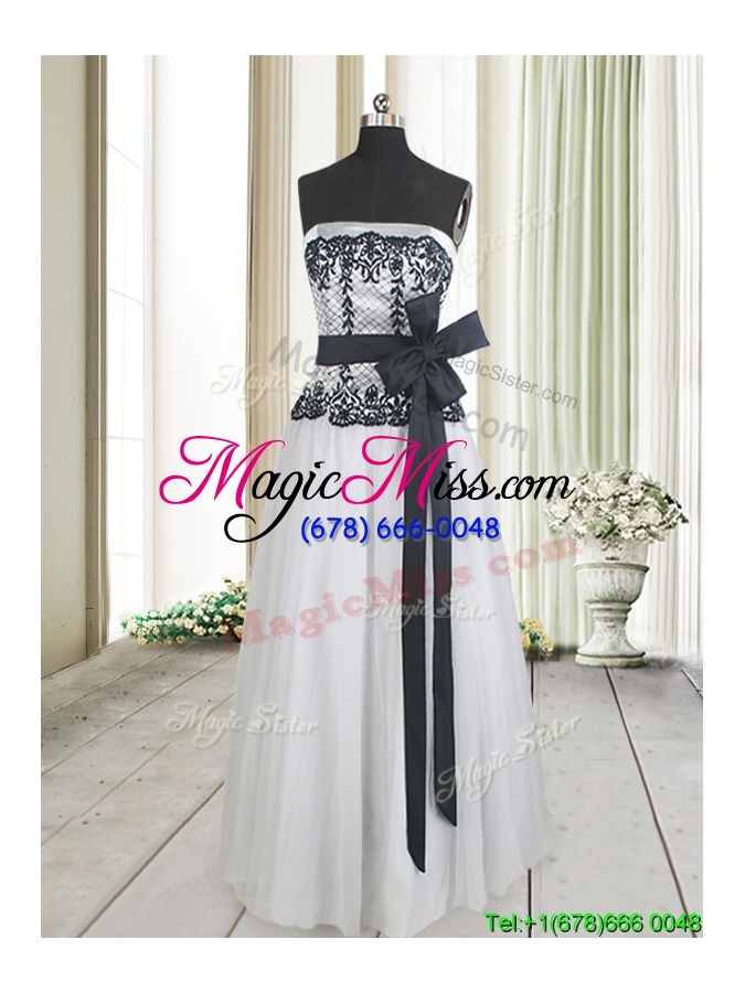 wholesale cheap strapless white and black long prom dress with bowknot and lace