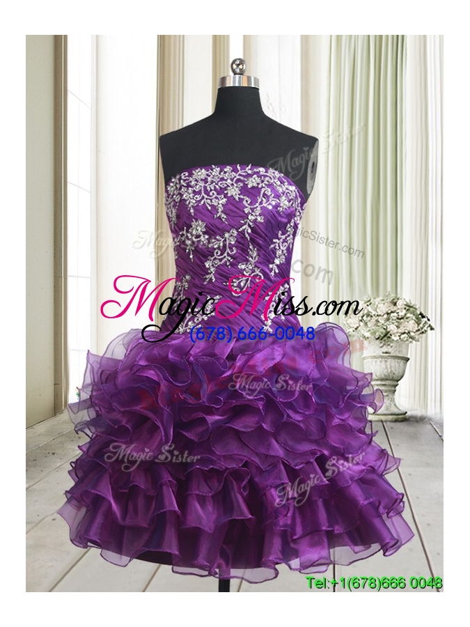 wholesale pretty strapless organza purple short prom dress with beading and ruffled layers