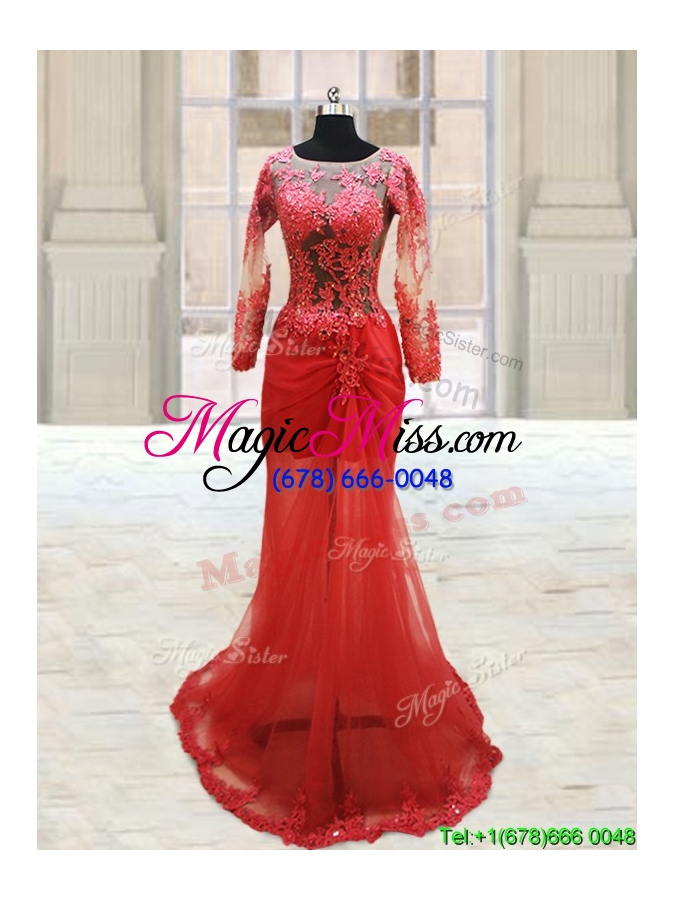 wholesale popular scoop laced column brush train red prom dress with long sleeves