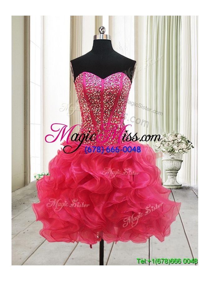wholesale new arrivals visible boning beaded bodice and ruffled hot pink prom dress