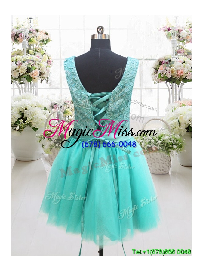 wholesale cheap mini length v neck turquoise prom dress with handmade flower and lace