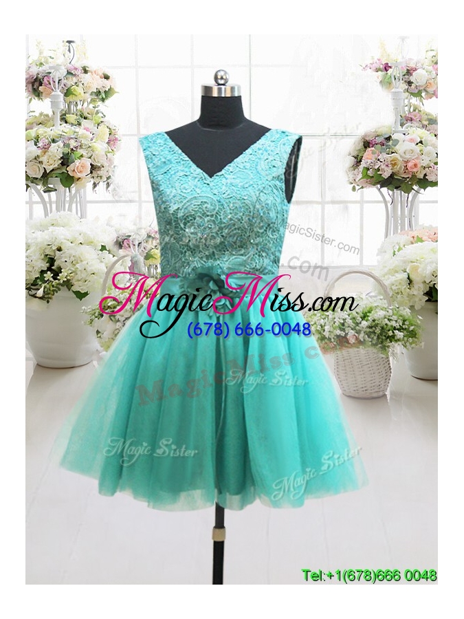 wholesale cheap mini length v neck turquoise prom dress with handmade flower and lace