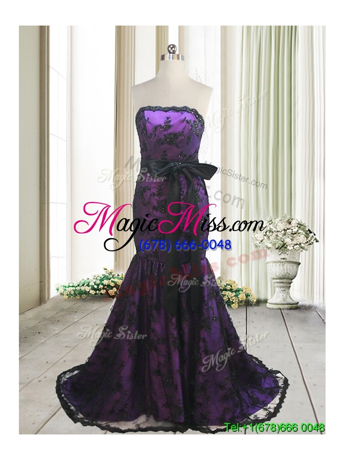 wholesale hot sale laced and bowknot strapless black and purple prom dress with brush train