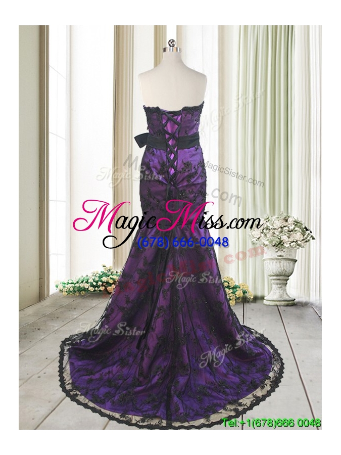 wholesale hot sale laced and bowknot strapless black and purple prom dress with brush train