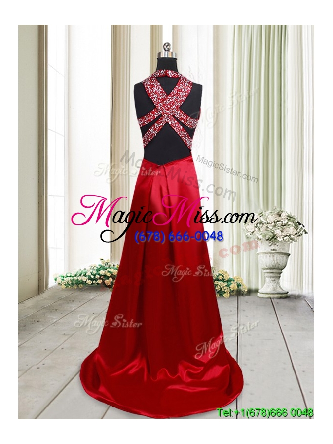 wholesale high slit beaded decorated halter top criss cross prom dress in elastic woven satin