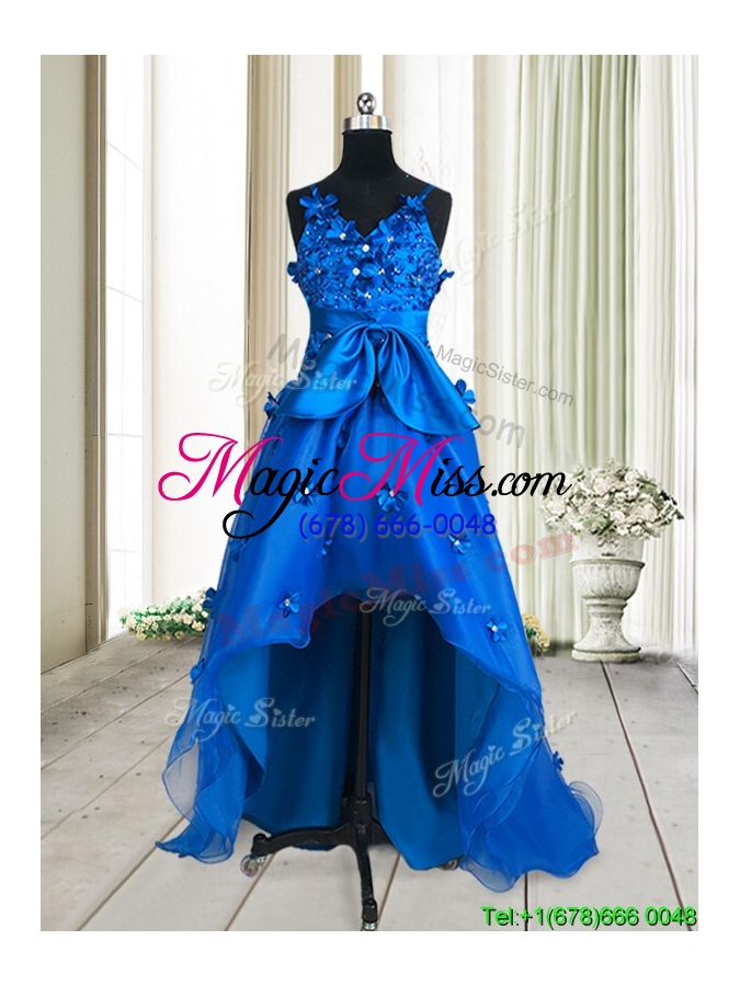wholesale pretty v neck applique and beaded bowknot royal blue prom dress in high low
