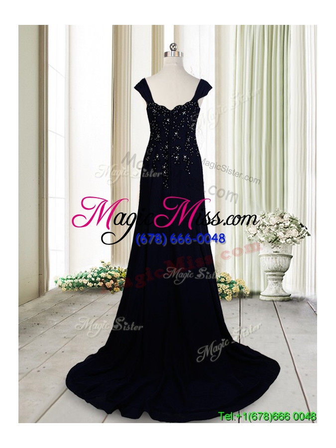 wholesale luxurious brush train straps cap sleeves navy blue prom dress in chiffon