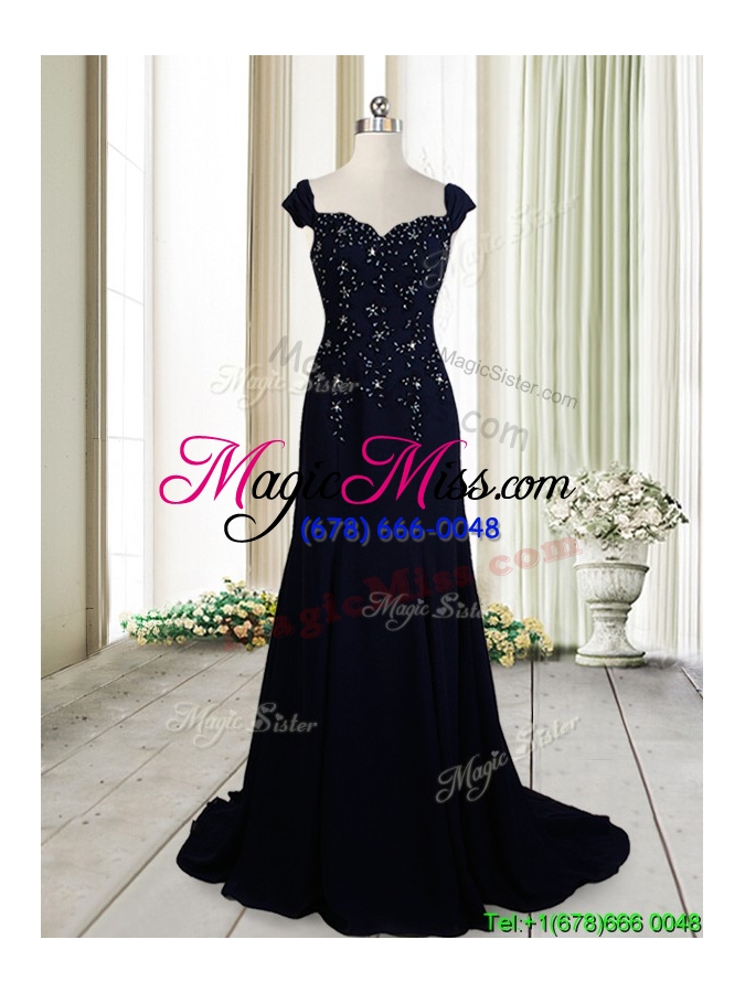 wholesale luxurious brush train straps cap sleeves navy blue prom dress in chiffon